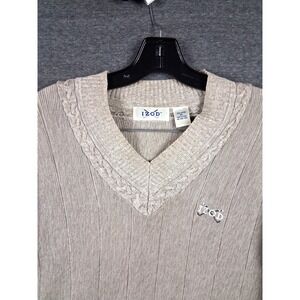 Vintage Izod Mens Sweater‎ XL Beige Cable Knit V Neck Embroidered Golf Logo Dad